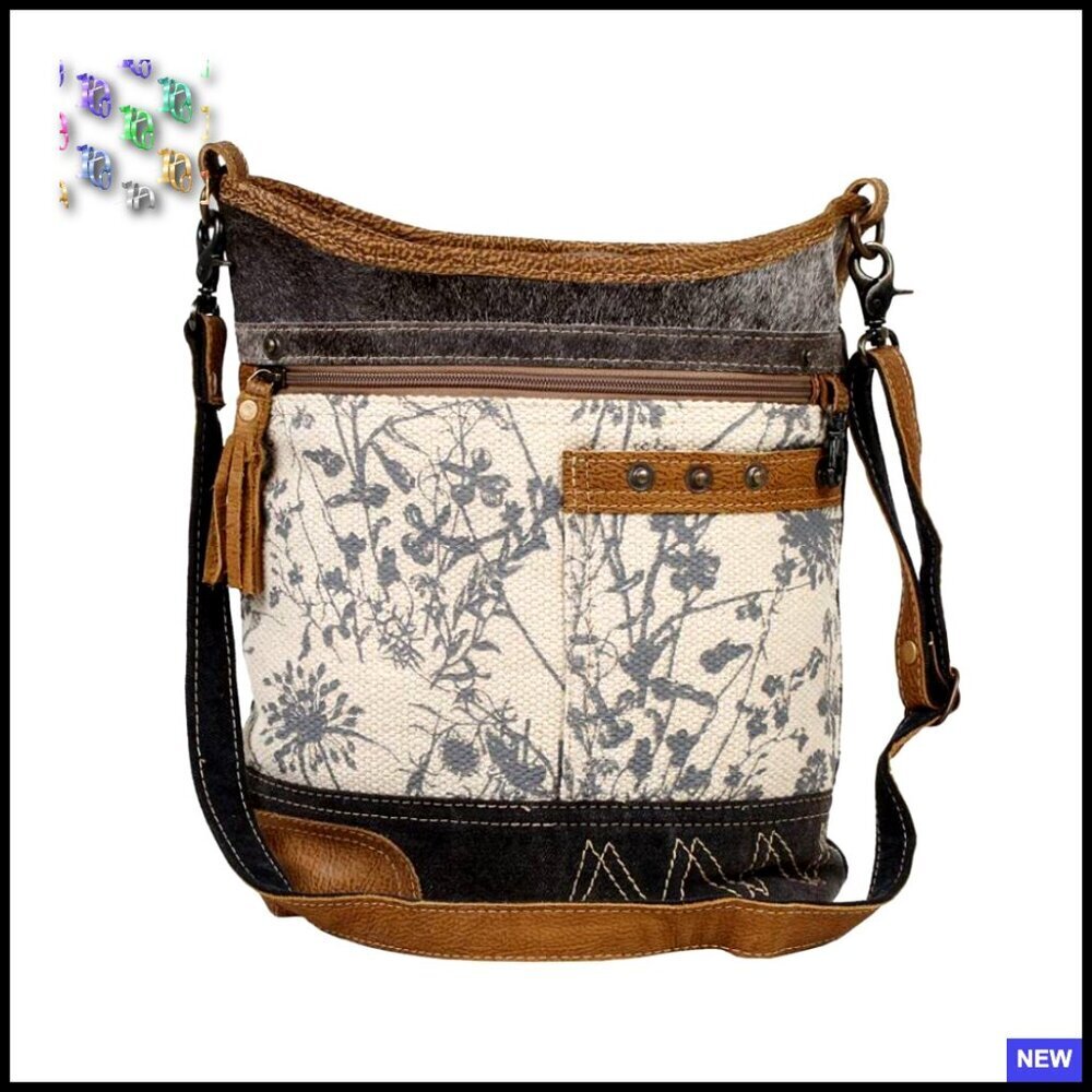 Canvas Hobo Shoulder Bag with Leather Accents Floral Pattern Casual Everyday